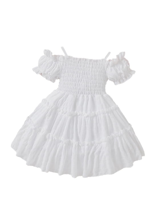 Girls Dresses Summer Puff Sleeve Patchwork Fashion Princess Soft Breathable Lightweight Stretchy White Dress Size 18-24 M