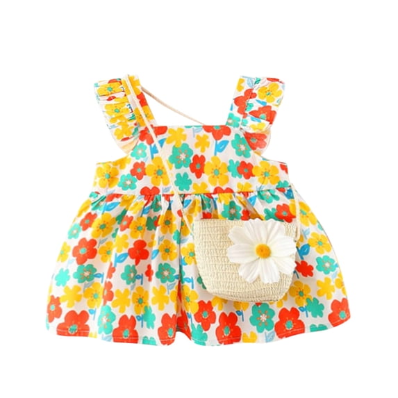 Girls Dresses Summer Ruffles Floral Print Fly Sleeve Princess Dresses Bag Set Baby Girl Dress Yellow 2 Years-3 Years