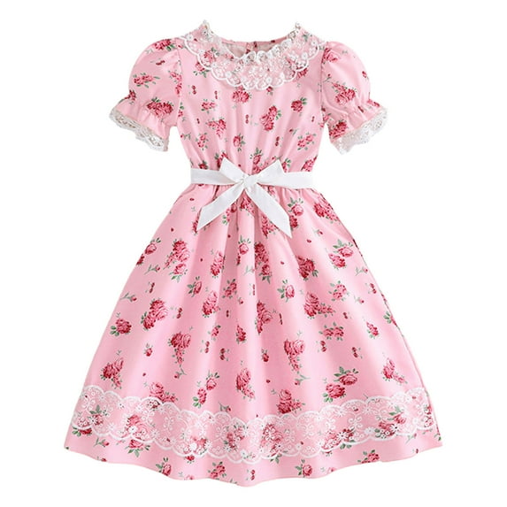 Girls Dresses Summer Short Sleeve Flower Print Dress Princess Casual Dress Flowy Beach Dress,Size 7 Years-8 Years