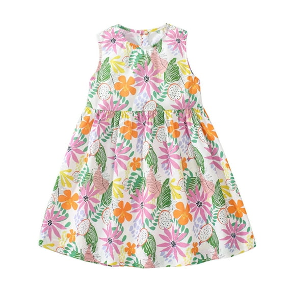 Girls Dresses Summer Sleeveless Cartoon Print Cotton Princess Dresses Baby Girl Dress White 3 -4