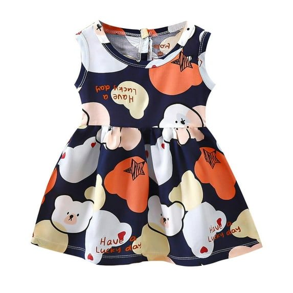 Girls Dresses Summer Sleeveless Easter Cartoon Bunny Print Casual Princess Dresses Baby Girl Dress Blue 4 Years-5 Years