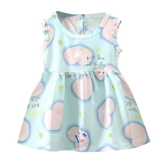 Girls Dresses Summer Sleeveless Easter Cartoon Bunny Print Casual Princess Dresses Baby Girl Dress Light Blue 18 Months-24 Months