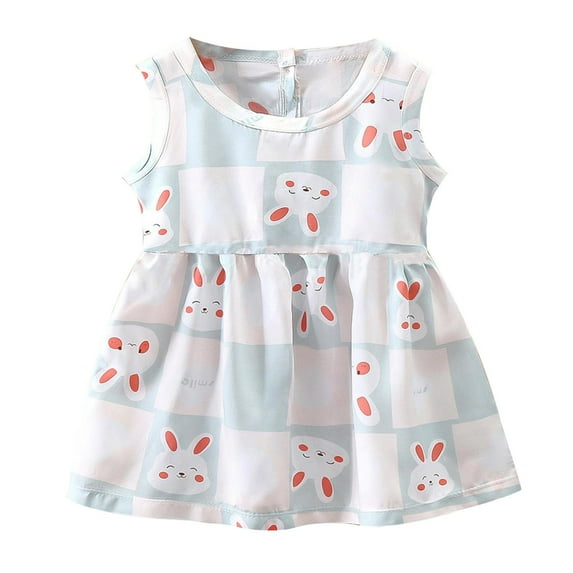 Girls Dresses Summer Sleeveless Easter Cartoon Bunny Print Casual Princess Dresses Baby Girl Dress White 6 Months-12 Months