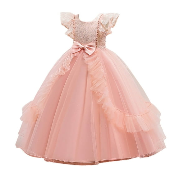 Girls Dresses Summer Sleeveless Lace Bowknot Mesh Long Princess Dress Piano Performance Dress Summer Dress,Size 7 Years-8 Years