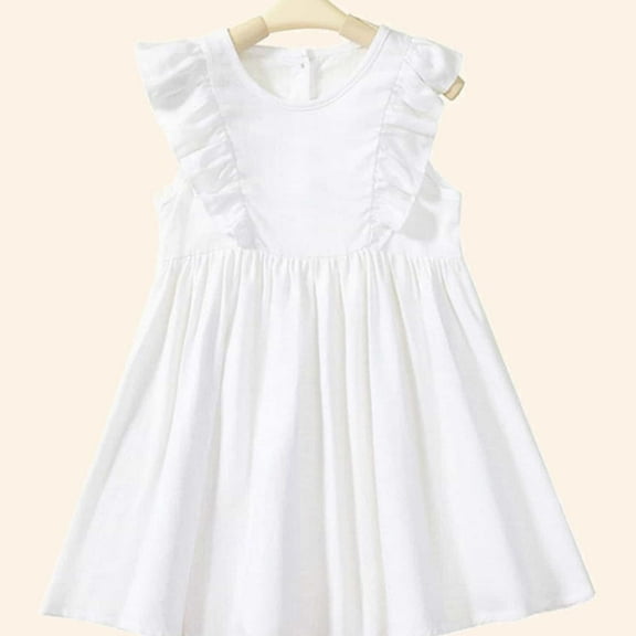 Girls' Dresses Summer Toddler Kids Girls Solid Sleeveless Casual Dress Breathable Soft Cotton Linen Princess Dresses Baby Dress White 3 Years-4 Years