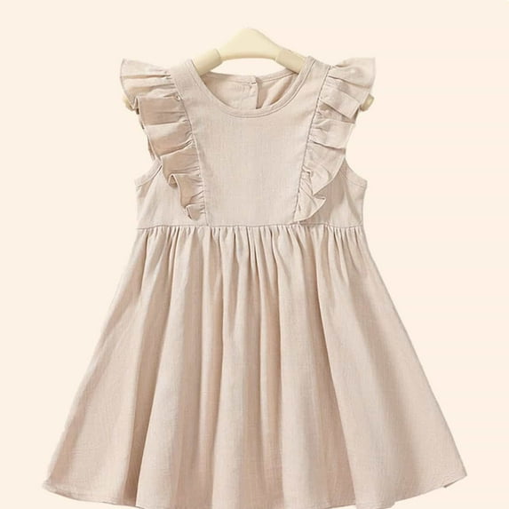 Girls' Dresses Summer Toddler Kids Girls Solid Sleeveless Casual Dress Breathable Soft Cotton Linen Princess Dresses Little Girl Dresses Khaki 3 Years-4 Years