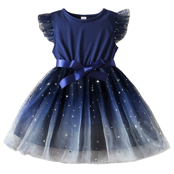 Girls Dresses Summer Tulle Pageant Dress Party Bowknot Star Prints Gown Dresses Kids Sundress,Size 4 Years-5 Years