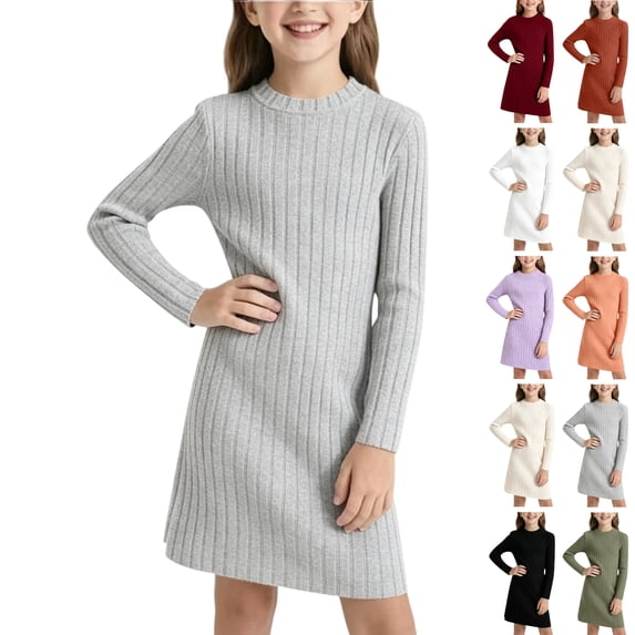 Girls Dresses Sweater Dress Size 10-11 Long Sleeve Crew Neck Casual Ribbed Fitted Girls Fall Dresses Soft Midi Dress Gray