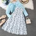 thumbnail image 1 of Girls' Dresses Teen Kids Girls Spring Summer Floral Print Long Dress with Long Sleeve Solid Cardigan 2 Piece Set Toddler Girl Dress Blue 7 Years-8 Years, 1 of 7
