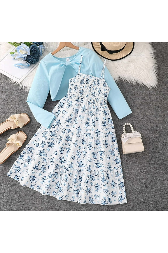 Girls' Dresses Teen Kids Girls Spring Summer Floral Print Long Dress with Long Sleeve Solid Cardigan 2 Piece Set Toddler Girl Dress Blue 7 Years-8 Years