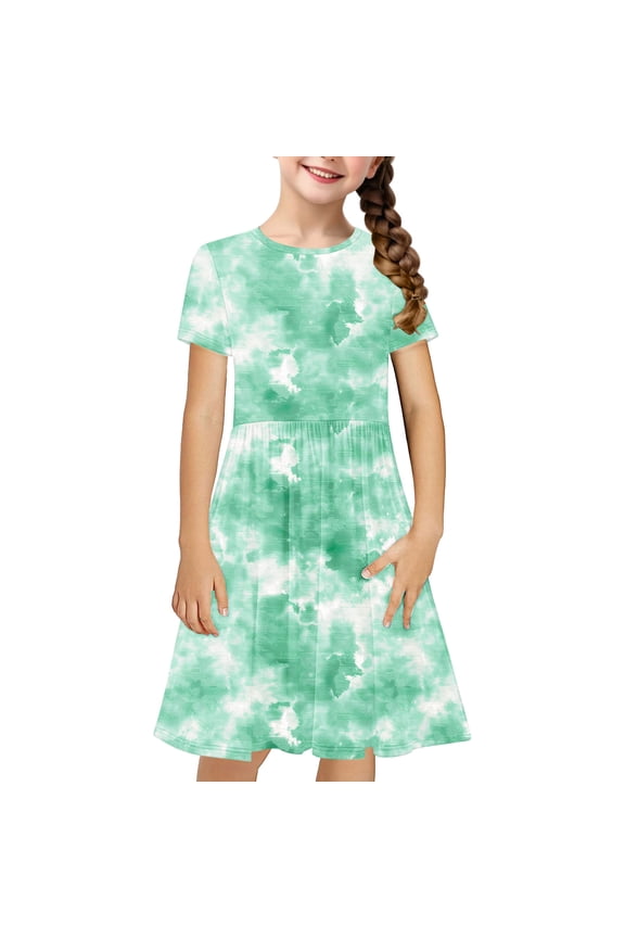 Girls Dresses Tie Dye Gradient Crewneck Causal Dress Fashion Short Sleeve Sundress Size 4-14