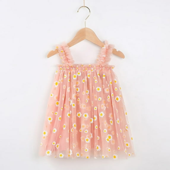 Girls Dresses Toddler Baby Kids Daisy Floral Summer Sleeveless Beach Tutu Casual Layered Tulle Princess Birthday Party Beach 1-6Y Dress