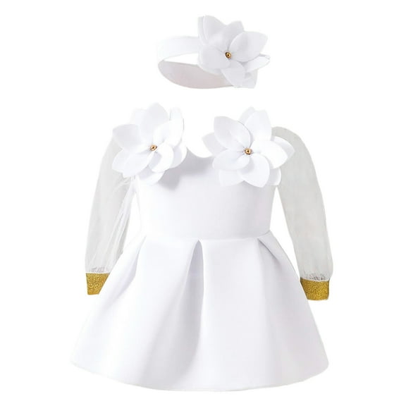 Girls' Dresses Toddler Children Long Sleeve Solid Color Bowknot Lace Cute Dresses with Headband Outfits Princess Dress Size 2 Y-3 Y