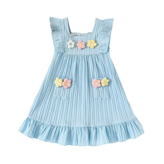 Girls' Dresses Toddler Kids Girls Summer Flowy Sleeveless Ruffle Dress with 3D Rose Embroidery Toddler Girl Dress Light Blue 4 Years-5 Years