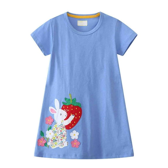 Girls' Dresses Toddler Kids Girls Summer Short Sleeve Casual Dress with Cartoon Prints and Embroidery Little Girl Dresses Sky Blue 4 Years-5 Years