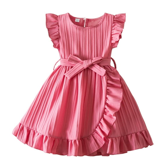 Girls' Dresses Toddler Kids Girls Summer Solid Flutter Sleeve Dress Breathable Casual Dresses with Bowknot Dress for Girls Pink 6 Years-7 Years