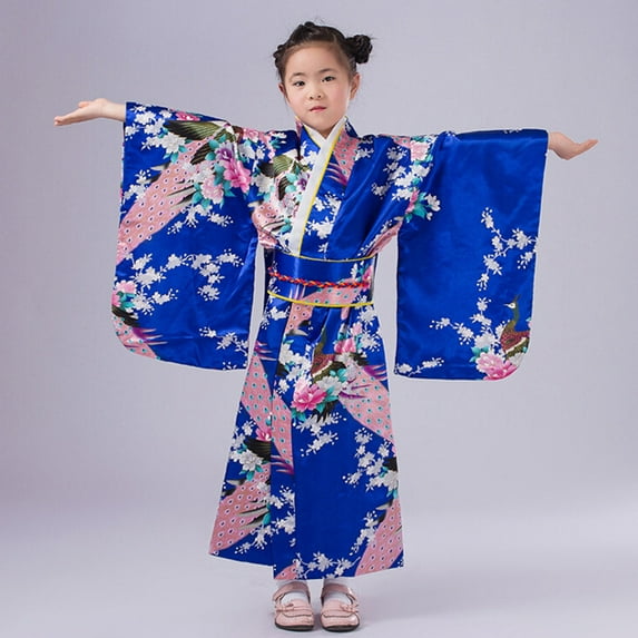 Girls' Dresses Traditional Japanese Kimono Outfits Floral Long Robe Dresses Waistband Backrest Girls Party Dress Blue 5-6 Years