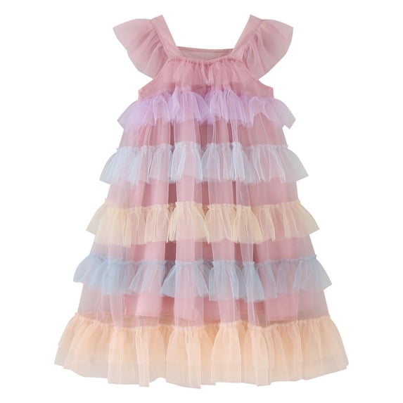 Girls Dresses Tulle Toddler Fly Sleeve Rainbow Tulle Ruffles Princess Dance Party Clothes Dress Casual Little Girl Dress for 3-4 Years