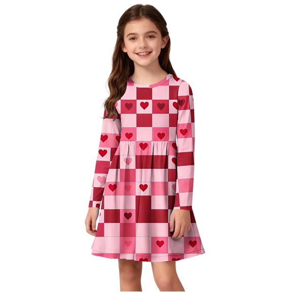 Girls Dresses Valentine's Day Cute Graphic Crewneck Long Sleeve Mini Dress for Party Size 4-14