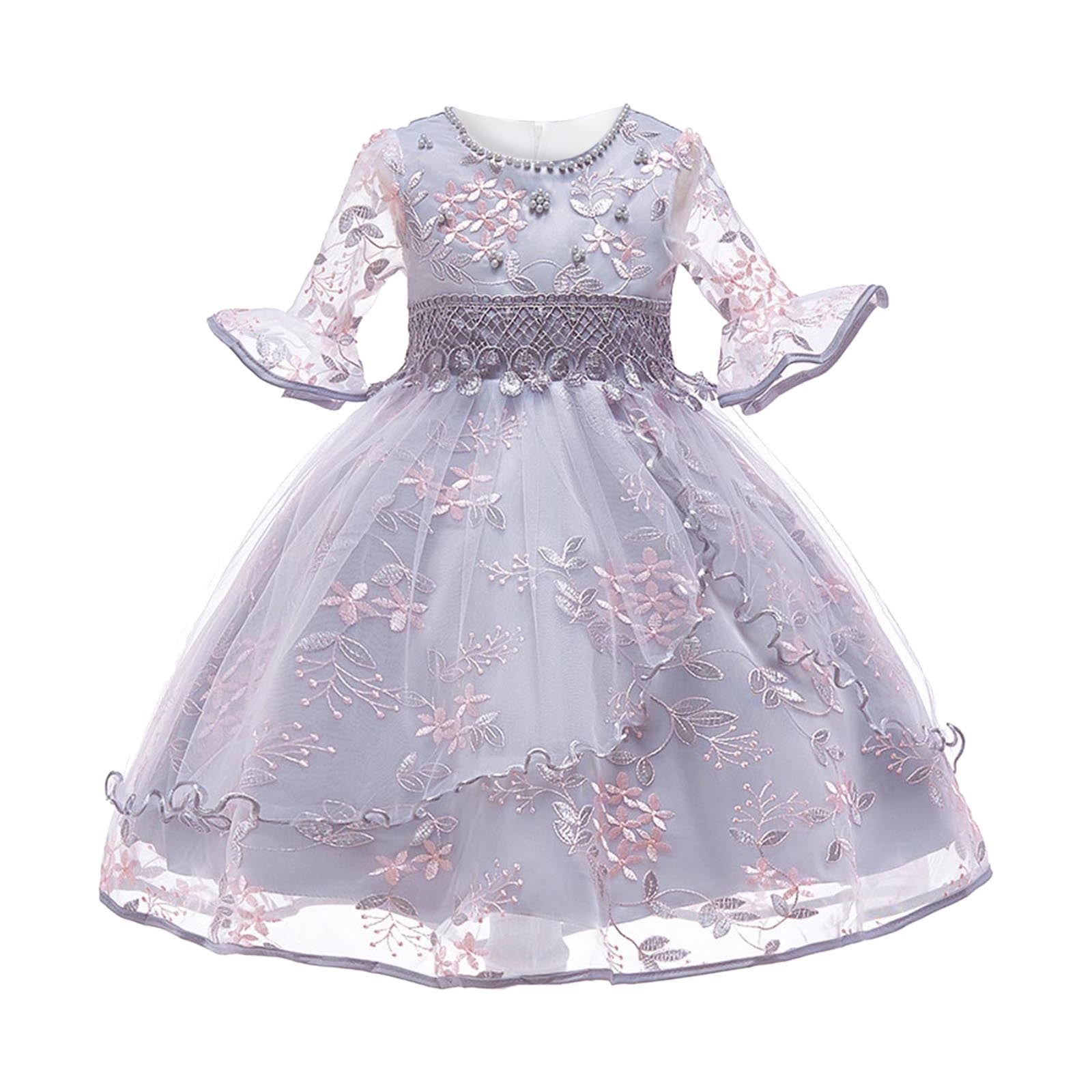 Girls Dresses Wedding Party Clothes For Children Girl Long Sleeve Causal Dress Flower Grey Elegant Kids Outfits 1 Years-2 Years