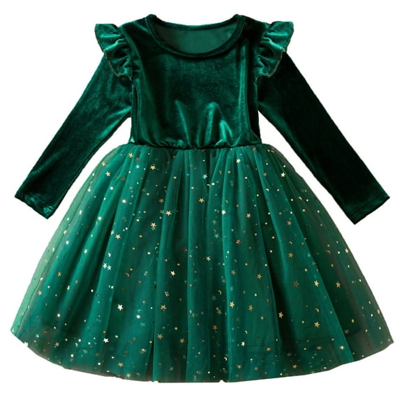 Girls Dresses Winter Long Sleeve Mesh Sequin Party Dresses Baby Girl Dress Green