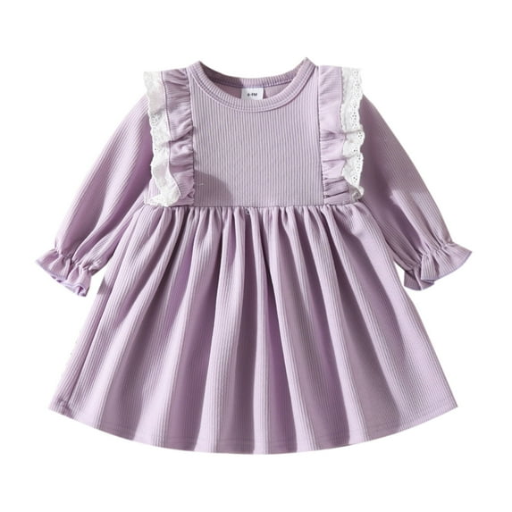 Girls' Dresses Winter Long Sleeve Ruffles Ribbed Lace Solid Color Princess Dress Dress For Girls Purple 2 Years-3 Years