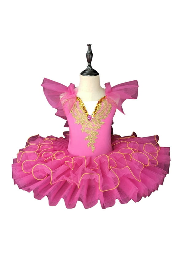 Girls Dresses Yourumao Toddler Kids Girls Ruffle Sleeve Ballet Skirted Leotard Shiny Mesh Dance Tutu Dresses Ballerina Costumes 0-14Years Hot Pink,140