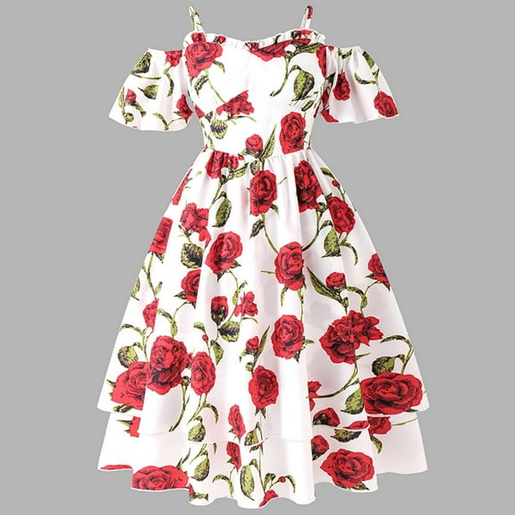 Girls Dresses for Summer Girls French Style Rose Print Spaghetti Strap Off Shoulder Tiered Dress Cute casual Dresses Red 8Y(7-8 Years)