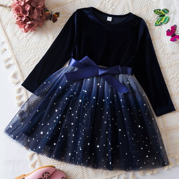 Girls Dresses for Winter Long Sleeve Girls Clothes Party Tulle Dresses (Blue 5-6 Years)