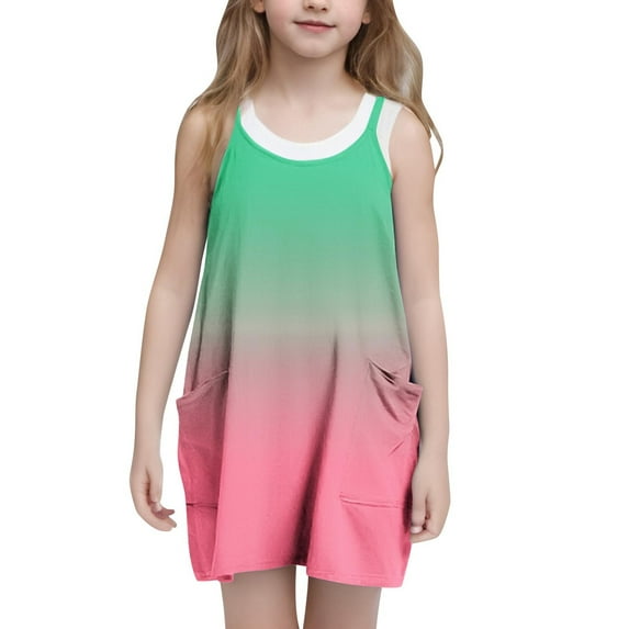 Girls Dresses with Pockets Cute Spaghetti Strap Sundresses Size 5-14 Teens Kids Trendy Gradient Printed Pullover Short Mini Dress