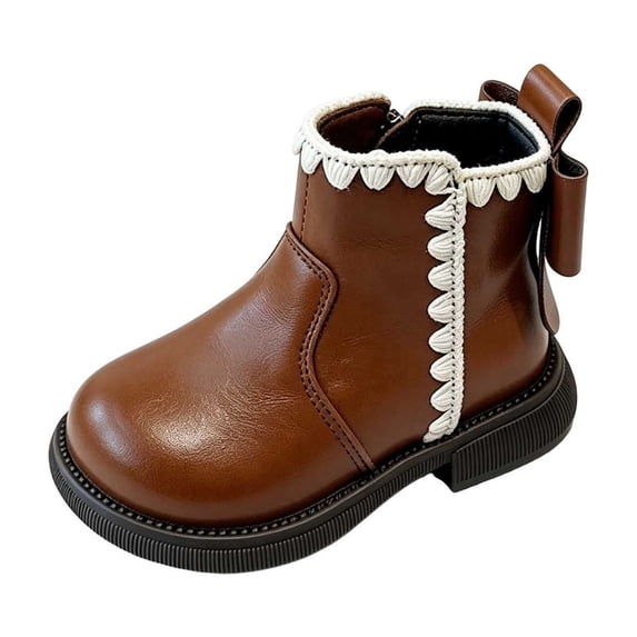 Girls Dressy Boots Faux Leather Classic Style Boots Easy Zipper Closure Non Slip Sole Cute Bowknot Decor Kids Casual Winter Boots