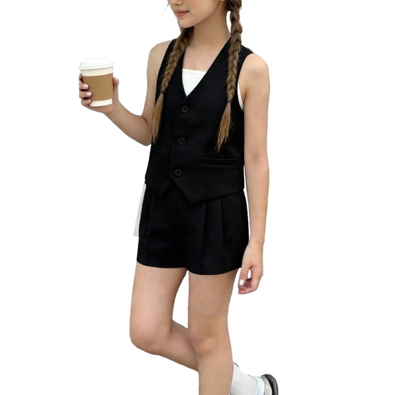 Girls Dressy Vest and Shorts Set with Bow Tie, Wedding Party Church Outfit for Kids Little Girls Black 2 Piece,Size 12-13T