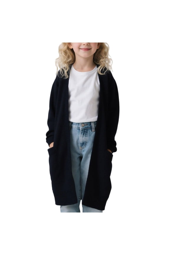 Girls Duster Sweater, Solid Color Lightweight Long Knit Jacket, Perfect Over Leggings & Dresses for School, Travel & Weekend Wear,Black,140