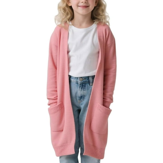 Girls Duster Sweater, Solid Color Lightweight Long Knit Jacket, Perfect Over Leggings & Dresses for School, Travel & Weekend Wear,Pink,130