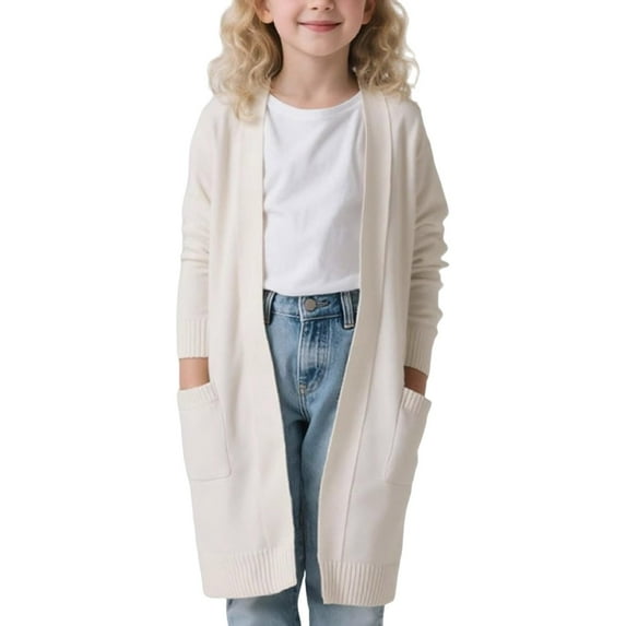 Girls Duster Sweater, Solid Color Lightweight Long Knit Jacket, Perfect Over Leggings & Dresses for School, Travel & Weekend Wear,White,110