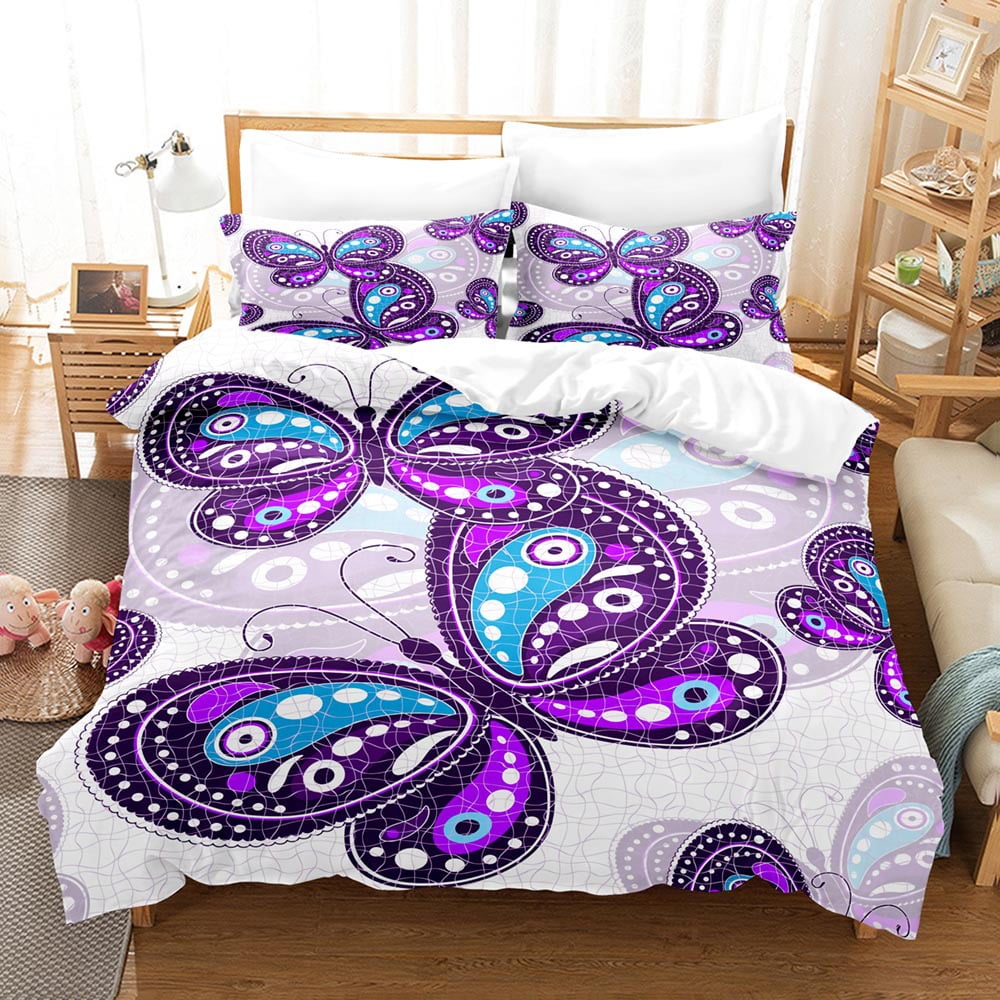 Girls Duvet Cover Set Queen Size Butterfly Bedding Set for Kids Teens