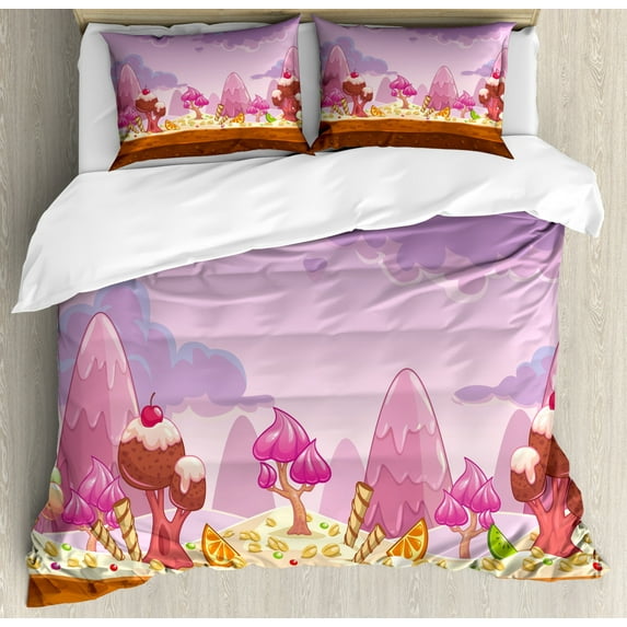 Girls Duvet Cover Set Queen Size, Cartoon Sweet Candy Land Cupcakes Ice Cream Chocolate Oranges Mountains Artwork Print, Decorative 3 Piece Bedding Set with 2 Pillow Shams, Multicolor, by Ambesonne