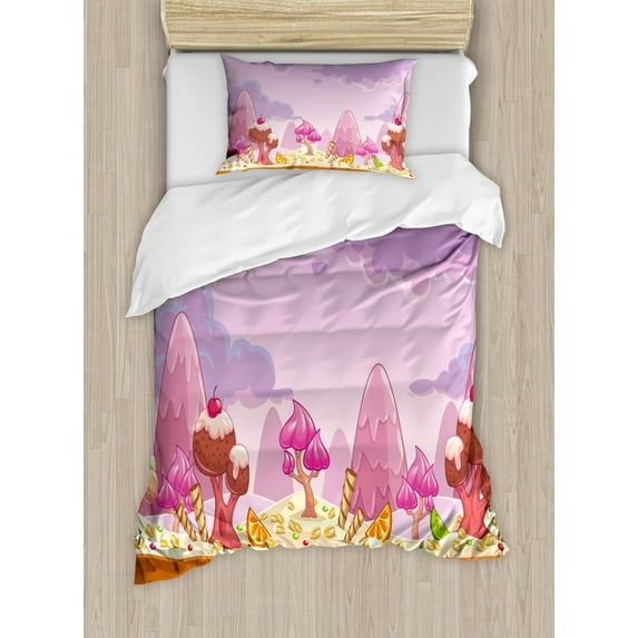 Girls Duvet Cover Set Twin Size, Cartoon Sweet Candy Land Cupcakes Ice Cream Chocolate Oranges Mountains Artwork Print, Decorative 2 Piece Bedding Set with 1 Pillow Sham, Multicolor, by Ambesonne