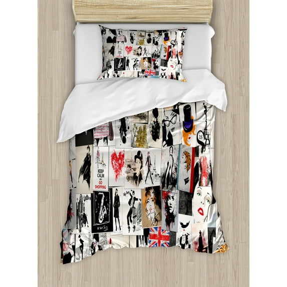 Girls Duvet Cover Set Twin Size, Collage with Freehand Drawings Artistic Portraits of Woman Faces Abstract Image, Decorative 2 Piece Bedding Set with 1 Pillow Sham, Black White Red, by Ambesonne