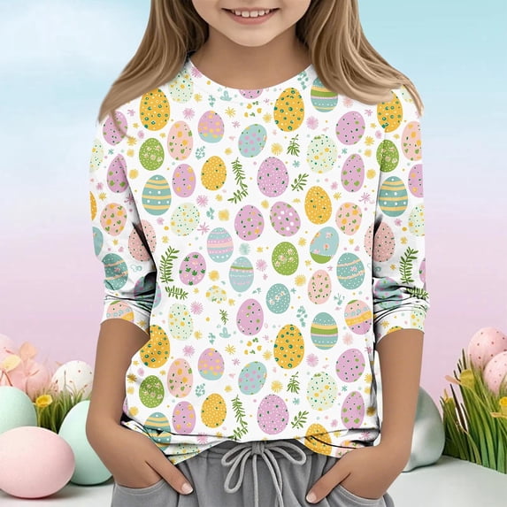 Girls' Easter 3/4 Sleeve Shirt, Colorful Easter Egg Print Spring Top for Kids, Comfy Stretch Tee for Egg Hunts & Church,Size 5-6T