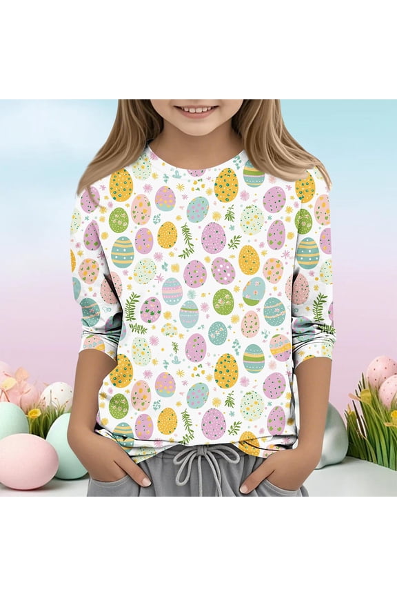 Girls' Easter 3/4 Sleeve Shirt, Colorful Easter Egg Print Spring Top for Kids, Comfy Stretch Tee for Egg Hunts & Church,Size 7-8T