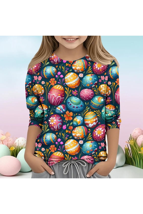 Girls Easter 3/4 Sleeve Top 3/4 Sleeve Holiday Tee with Floral Easter Egg Print All Over Pattern,Size 5-6T