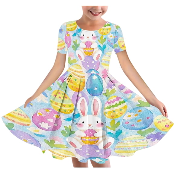 Girls Easter A Line Dress Easter Cute Eggs Graphic Short Sleeve Stretchy Dress Loose Round Neck Dance Dress For Kids Multicolor 13-14 Years