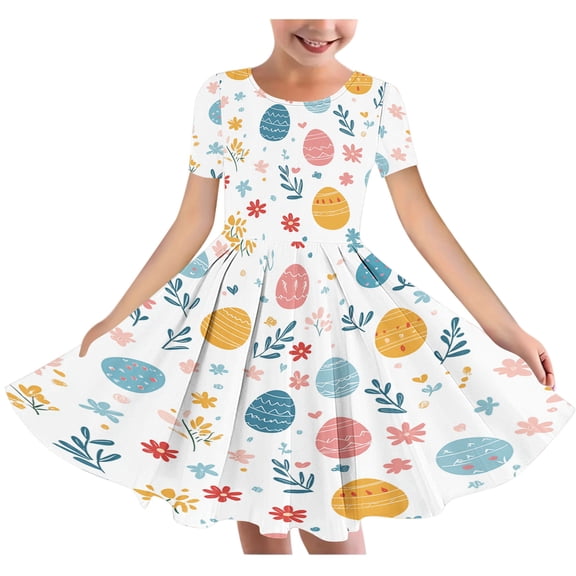 Girls Easter A Line Dress Easter Cute Eggs Graphic Short Sleeve Stretchy Dress Loose Round Neck Dance Dress For Kids Multicolor 5-6 Years