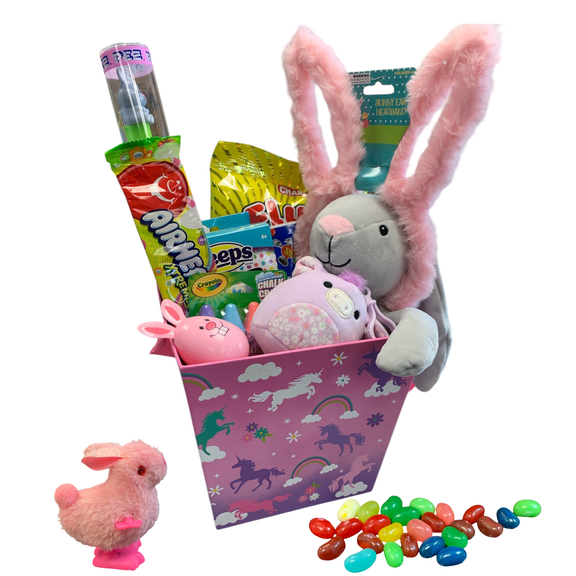Girls Easter Basket - Unicorn & Bunny Theme | Premade & Prefilled with Easter Eggs, Treats & Toys | Adorable Gift for Kids