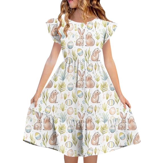Girls Easter Bunny Dress Spring Ruffle Cap Sleeve Tiered A-Line Casual Church Outfit Pastel Multicolor 5-14 Years,Size 7 T