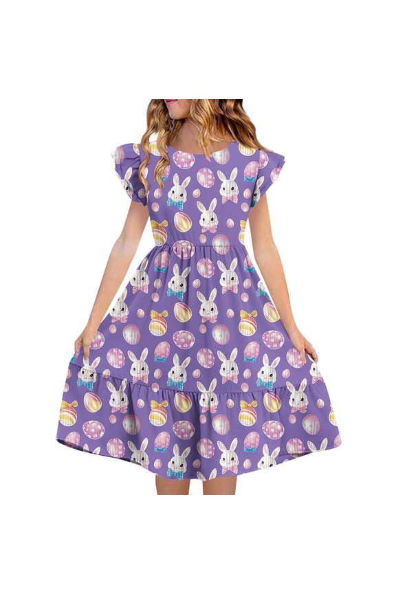 Girls Easter Bunny Dress Spring Tiered Ruffle A-Line Party Kids Lavender Multicolor 5-14 Years,Size 7 T