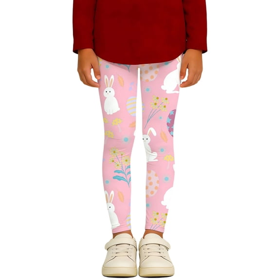 Girls Easter Bunny Egg Print Active Leggings - Stretchy Tights for Yoga, Dance, and Casual Play (Ages 3-14)
