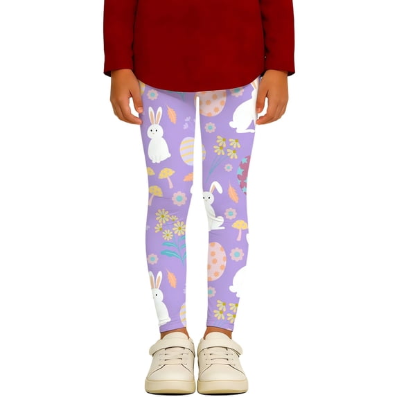 Girls Easter Bunny Egg Print Active Leggings - Stretchy Tights for Yoga, Dance, and Casual Play (Ages 3-14)