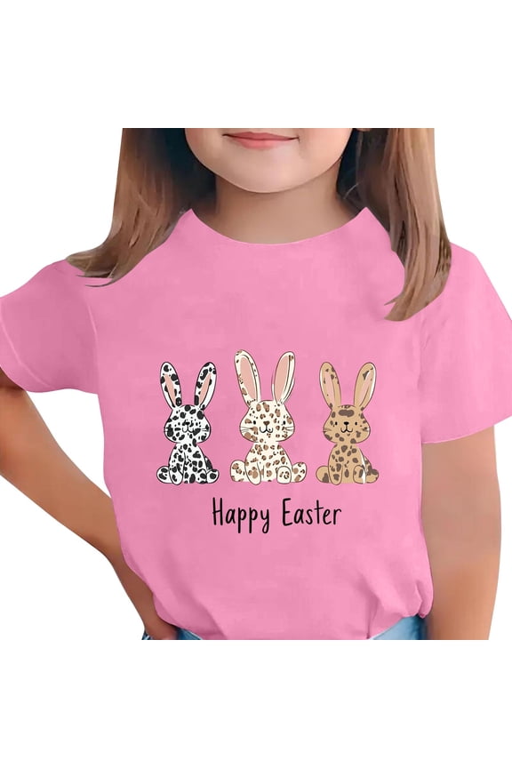Girls Easter Bunny Graphic Tee Pink Happy Easter Shirt for Kids Soft Stretch Short Sleeve T-Shirt Kids to Big Kid 3-12 Years,Size 4-5T